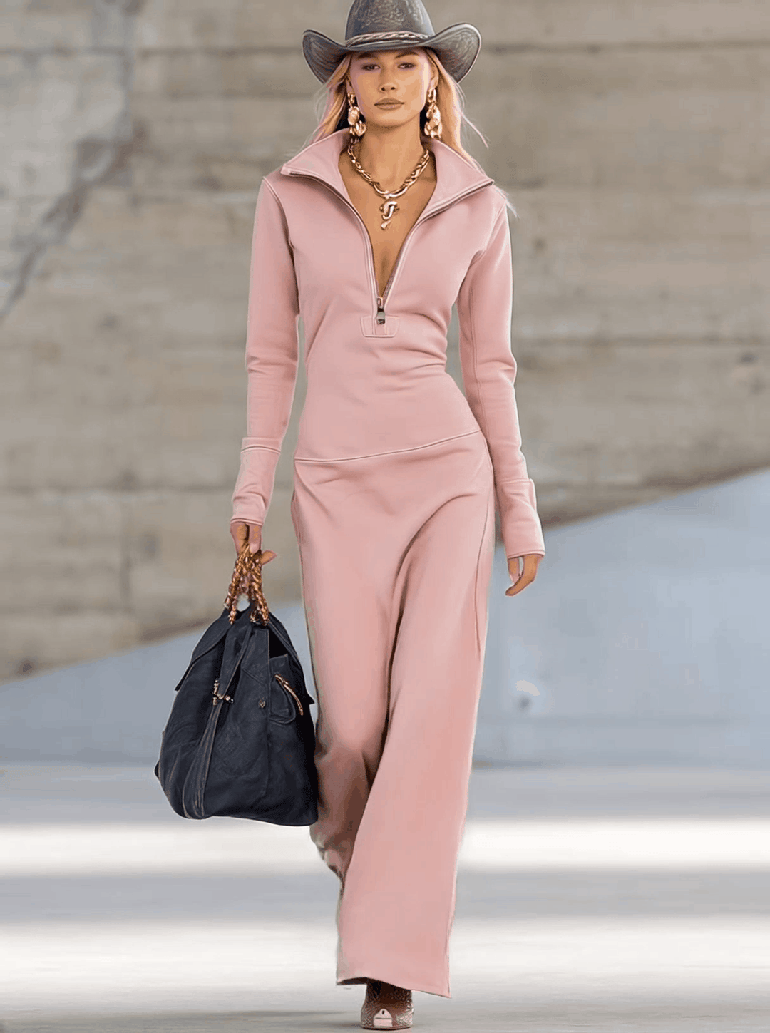 Elestina — Sporty Zip-Front Maxi Dress