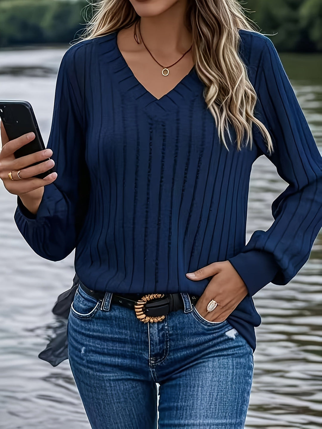 Joanelle™ — Ribbed V-Neck Sweatshirt